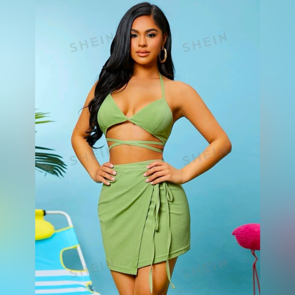 Backless halter top & wrap skirt